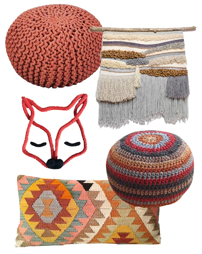 deco tricot renard orange laine fil pouf couleurs multicolor coussins bariole decoration murale