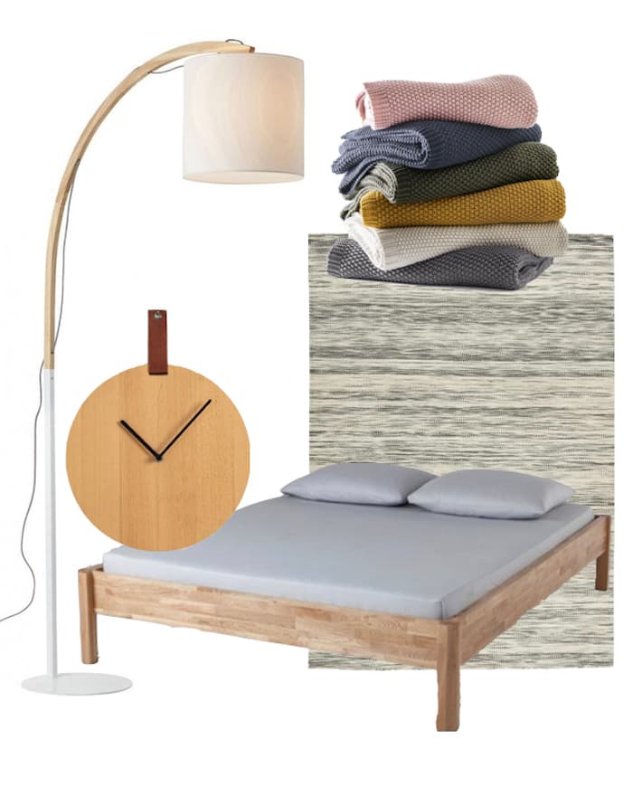 décoration intérieure chambre minimaliste japonaise lampe lampadaire horloge minimaliste lit en bois tapis berber simple plaid de couleur