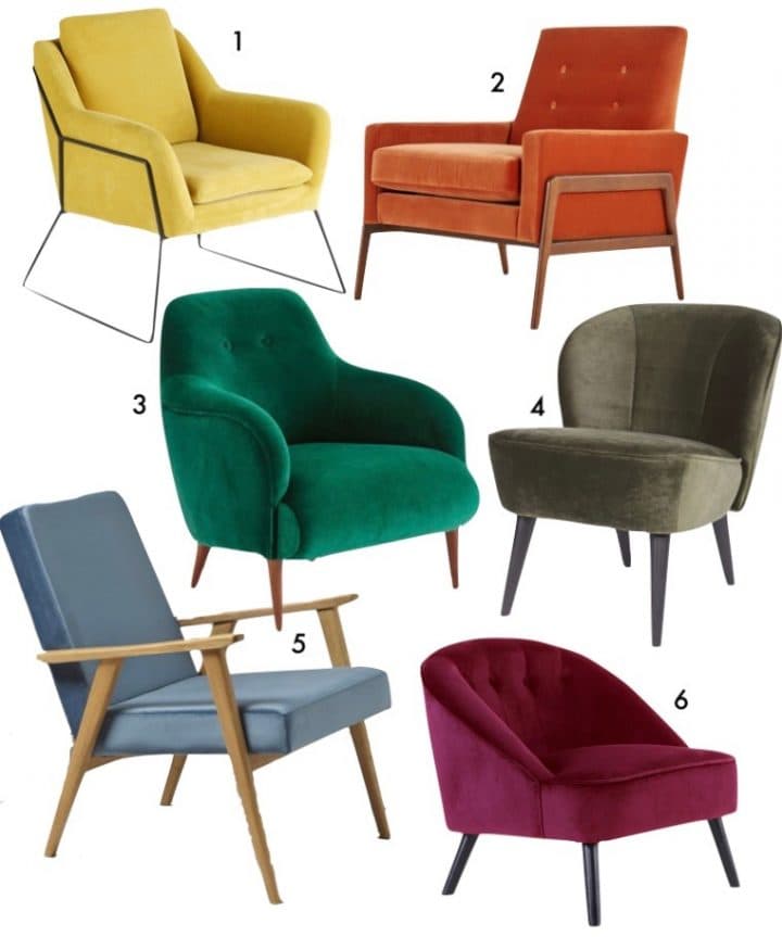 fauteuil velours multicolore orange jaune moutarde deco vintage blog clem around the corner