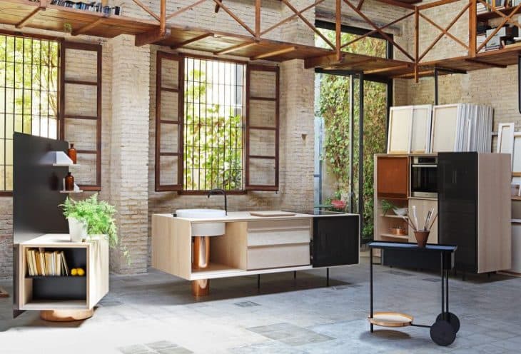 cuisine démontable mobile modulaire cuivre marbre acier perfore