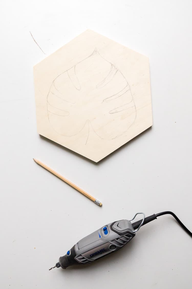 Dessin des dents de la feuille de monstera sur la planche en bois