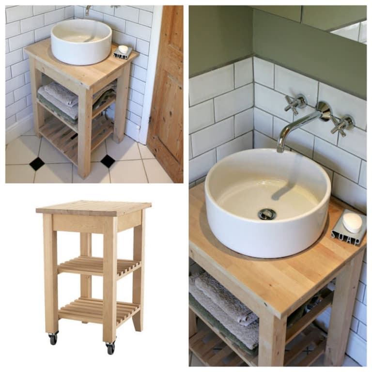 Un meuble de salle de bain en bouleau à partir de la desserte BEKVÄM vendue 49€. salle de bain IKEA Hacks www.clemaroundthecorner.com
