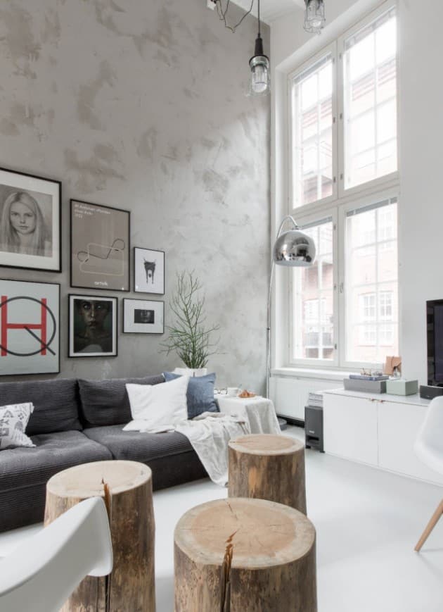 Salon intérieur finlandais et matériaux bruts béton ciré.