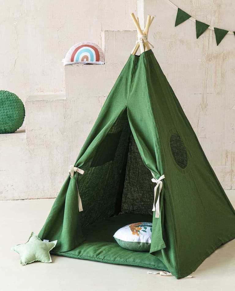 tipi enfant en lin lavé déco vert sapin bébé