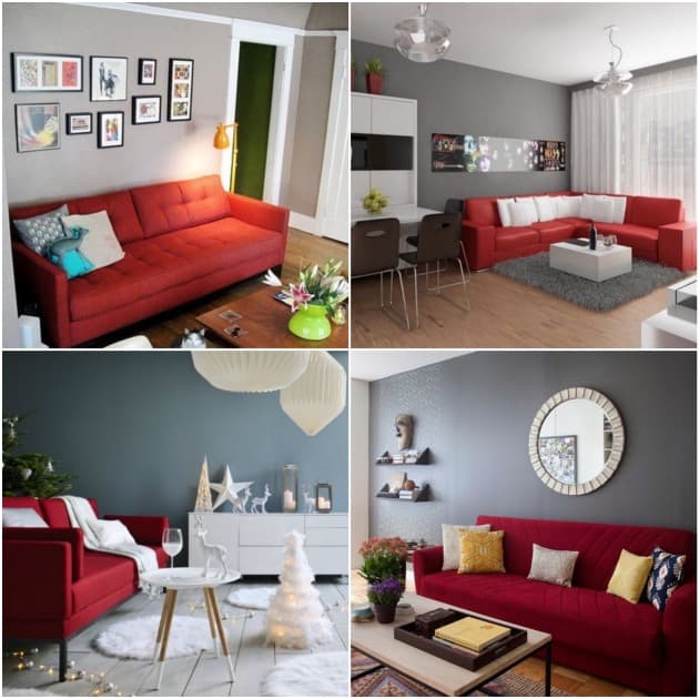salon canapé rouge mur gris