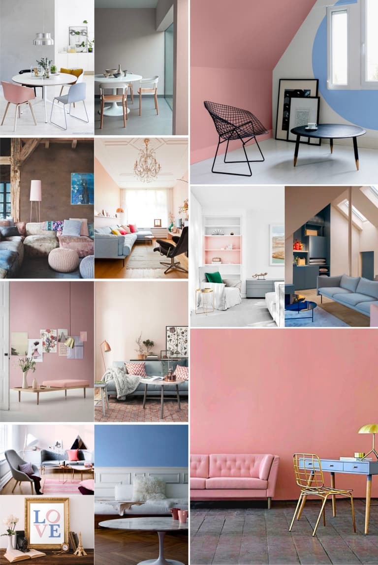 Salon décoré en rose poudré et bleu pastel avec un canapé clair