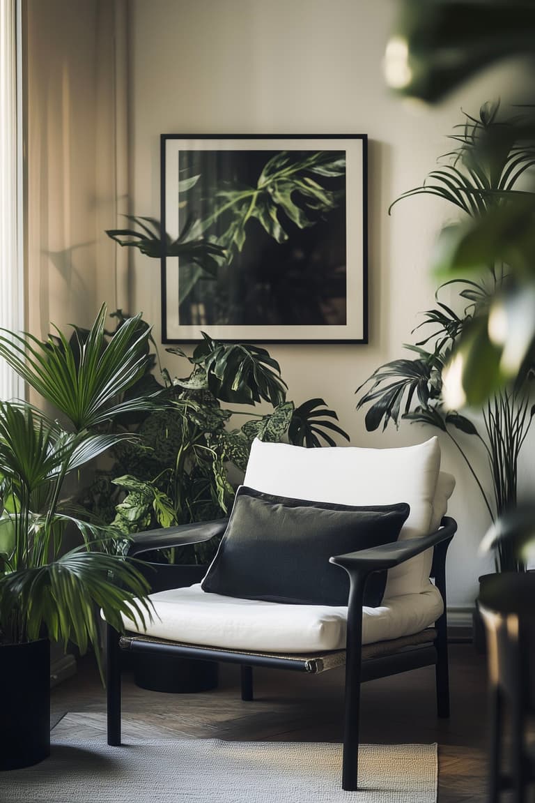 salon coin lecture noir blanc vert style exotique