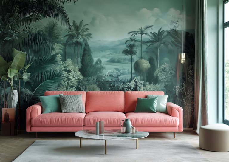 salon papier peint thème jungle canapé rose