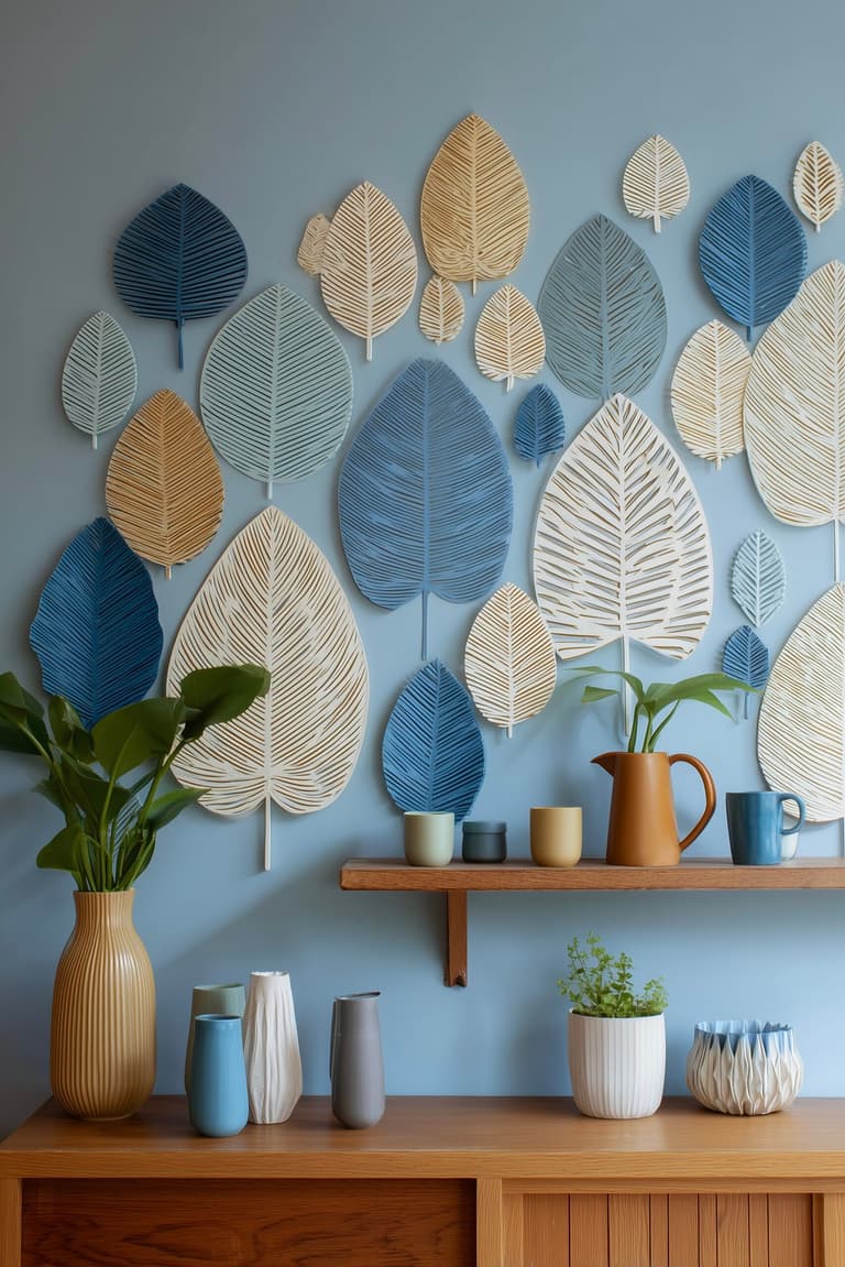 décoration murale feuilles design bleu beige