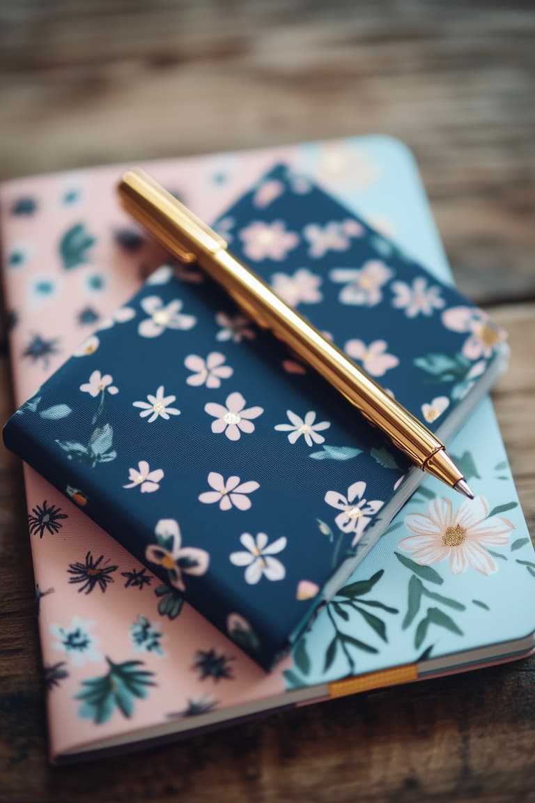 Carnet à couverture fleurie bleu et vert posé sur un bureau clair avec un crayon jaune