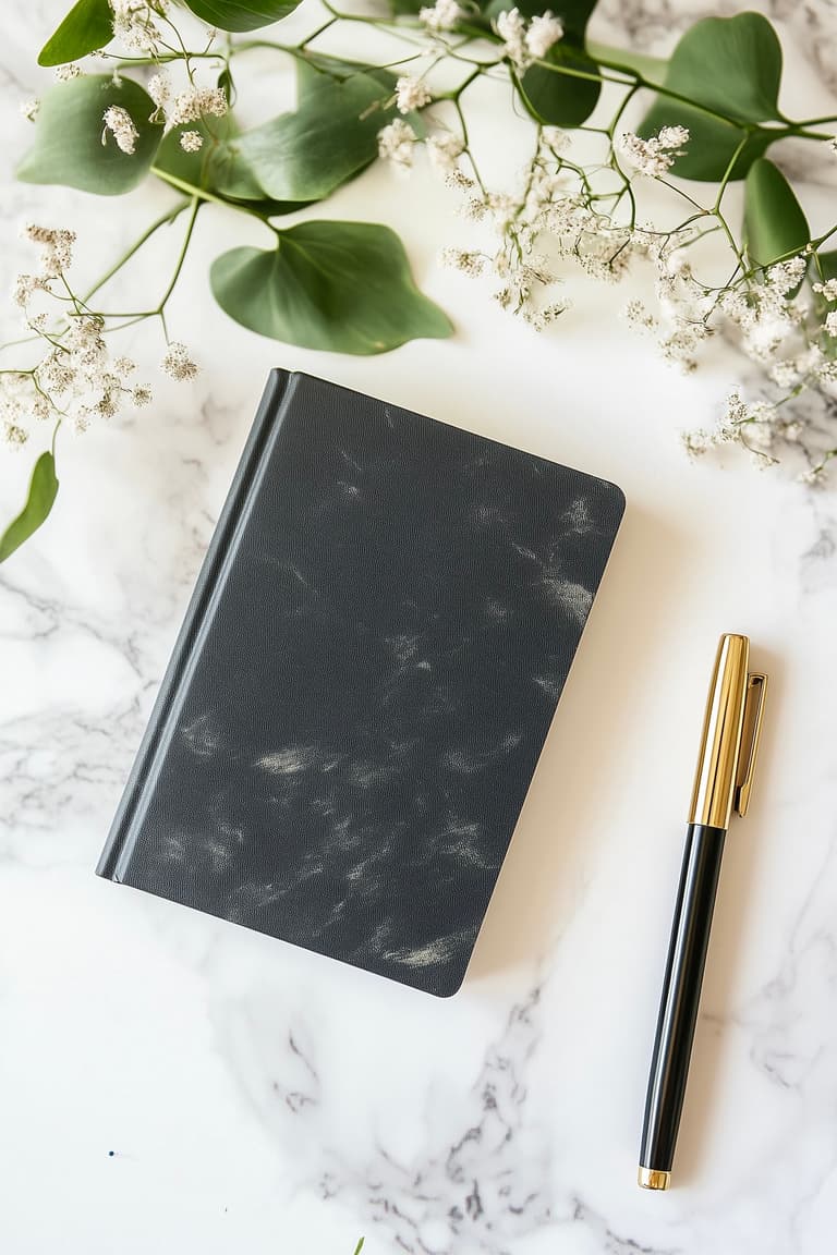 Carnet noir à motif marbré ouvert sur un bureau sombre avec un stylo noir