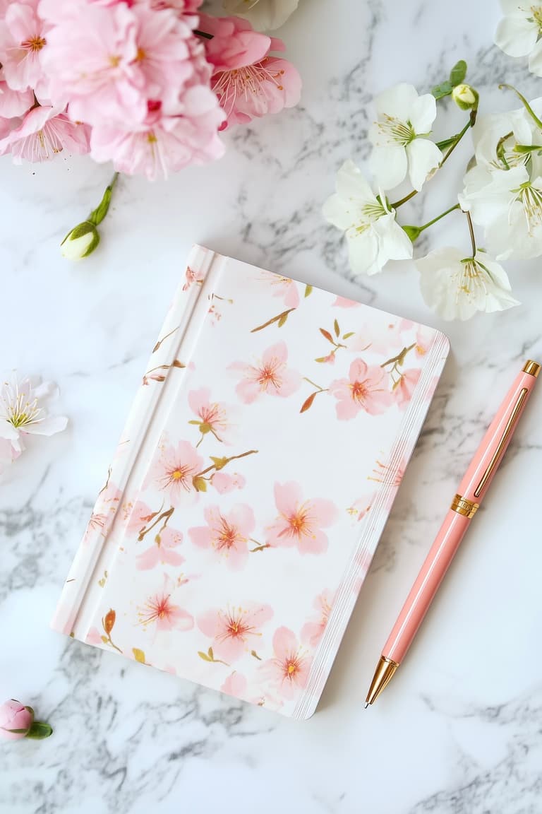 Carnet à pivoines roses et liseré doré posé sur un bureau rose poudré