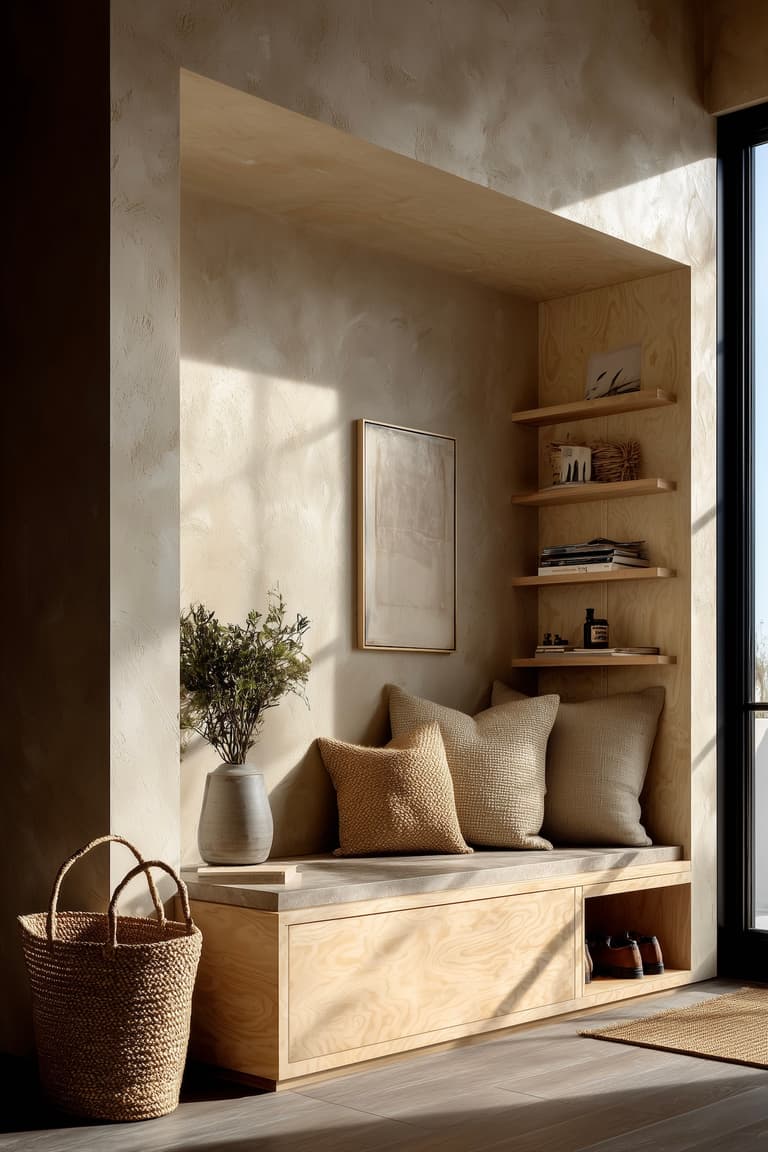 entrée banquette intégrée coffre diy bois