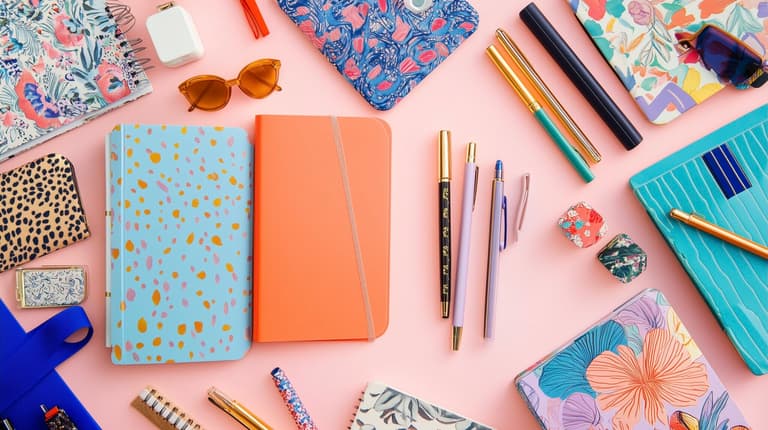 Bureau coloré composé de carnets, crayons, papiers et accessoires de papeterie graphiques