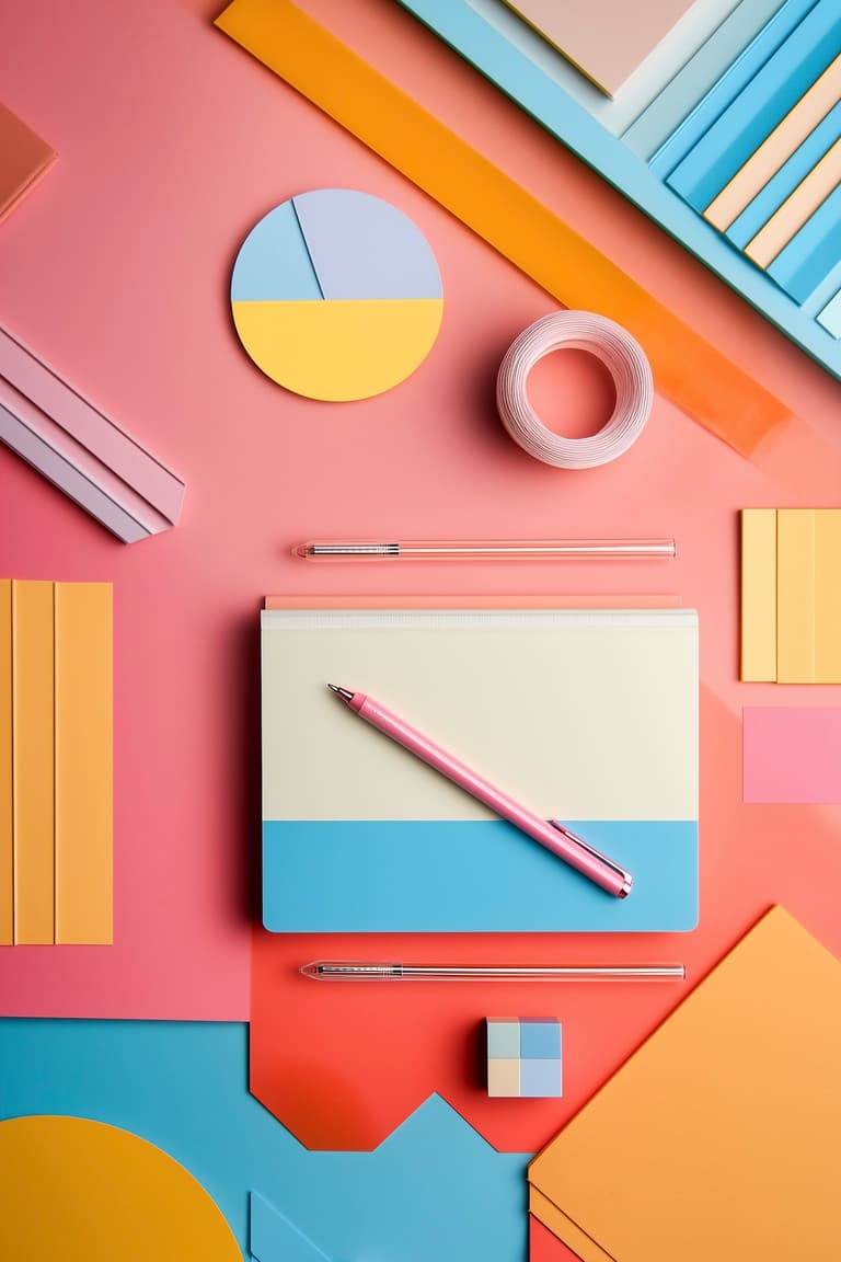 Carnets et accessoires de papeterie aux couleurs vives disposés sur un bureau graphique