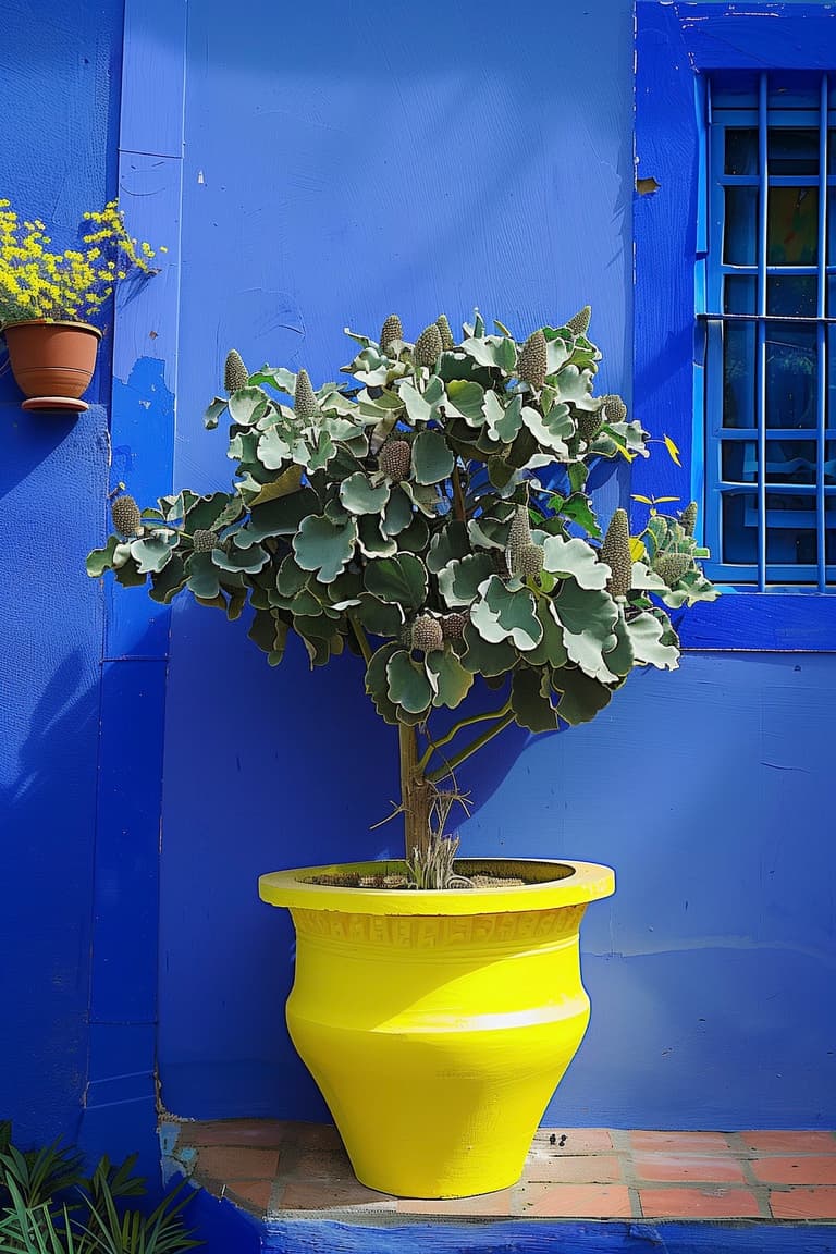 maison façade bleu klein pot jaune terre cuite