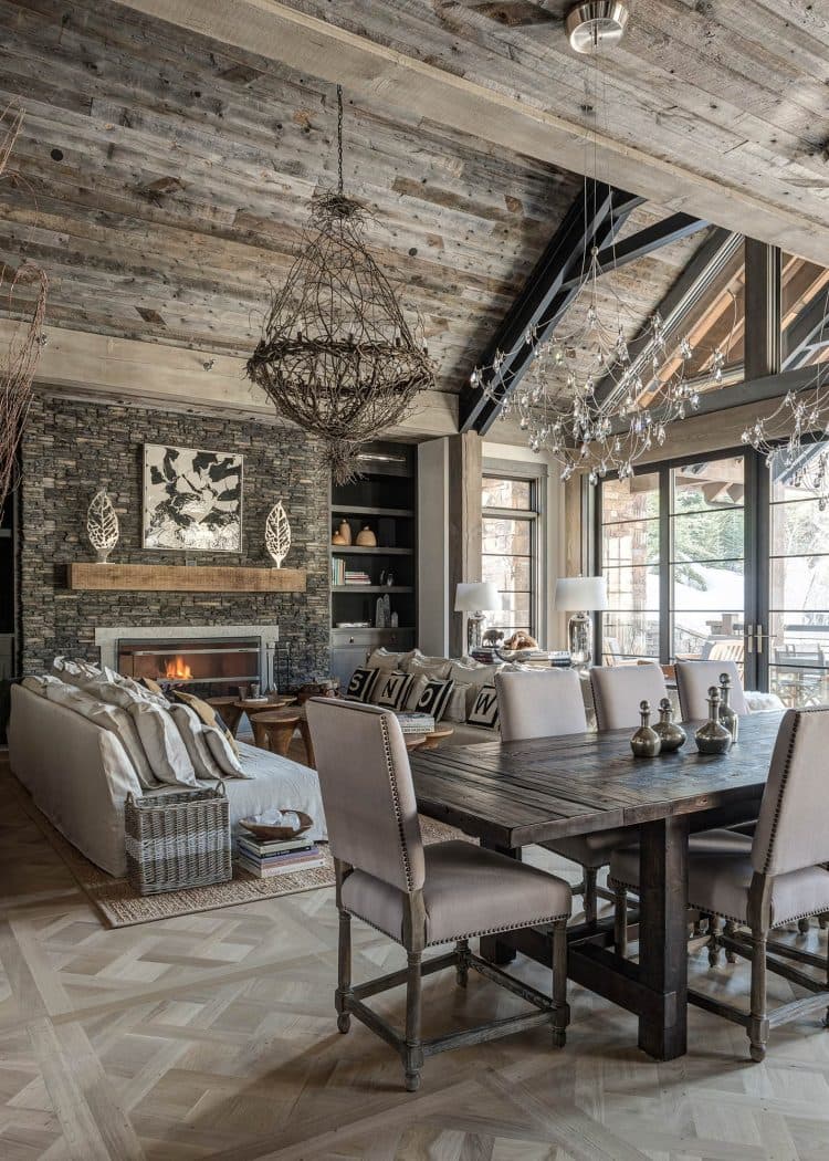 visite deco chalet a flanc de montagne salon gris rustique moderne