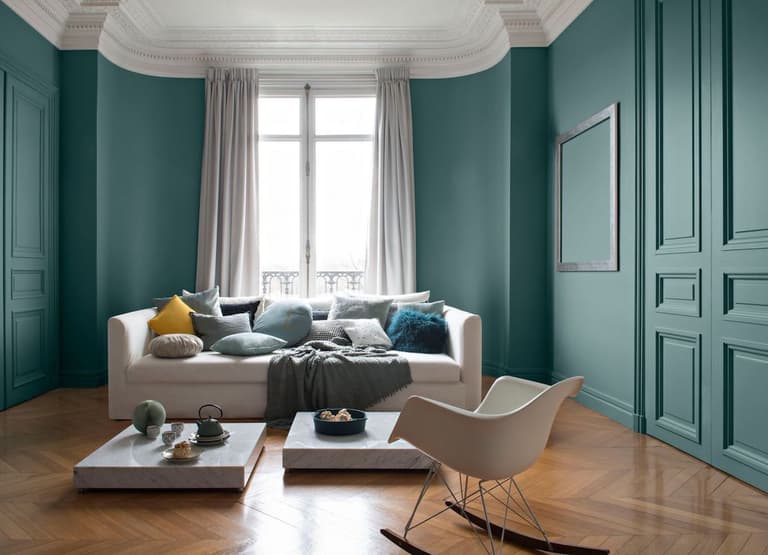 peinture couleur vert canard haussman moulure plafond parquet chevron point de hongrie