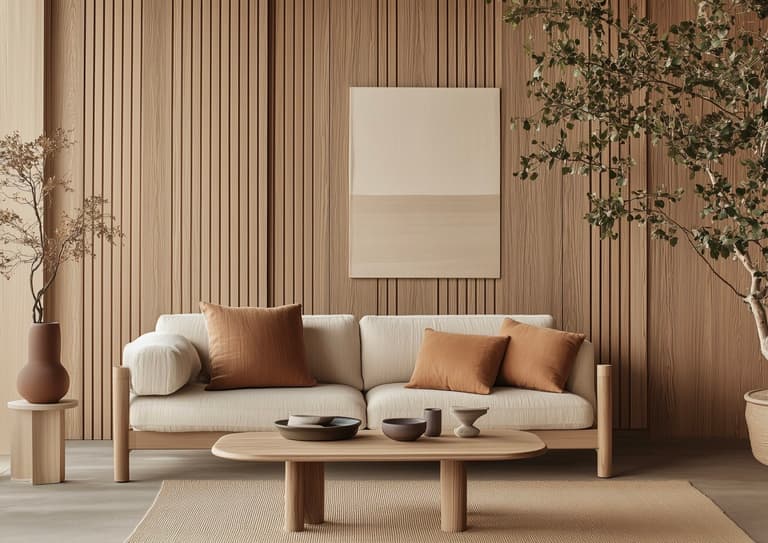 Salon minimaliste mur en bois canapé beige - blog déco