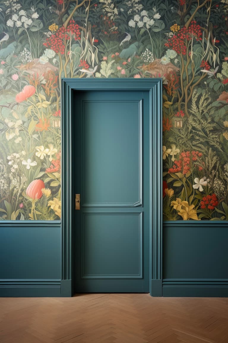 mur porte mélange peinture papier-peint soubassement bleu liberty