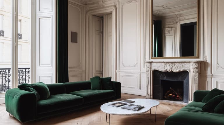 déco parisienne nuance de vert salon canapé velours