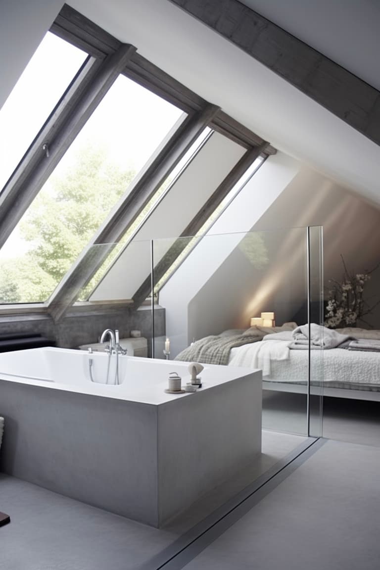 chambre ami sous les combles grenier baignoire béton