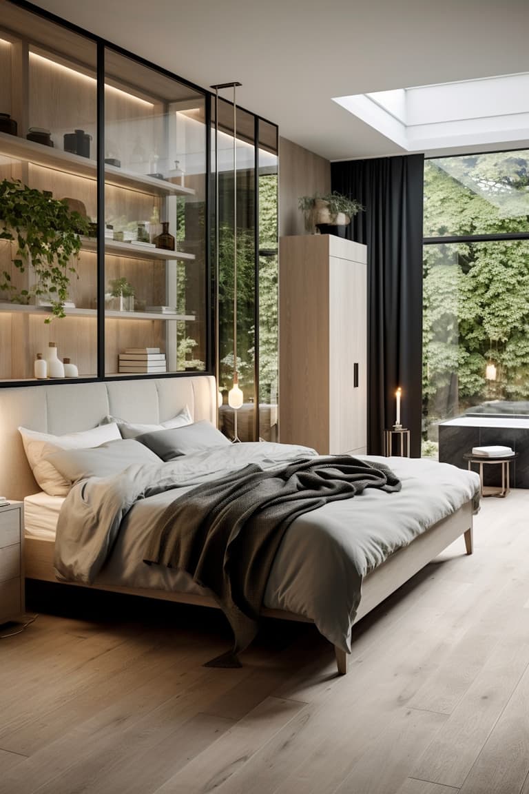 idée décoration chambre bois verre taupe