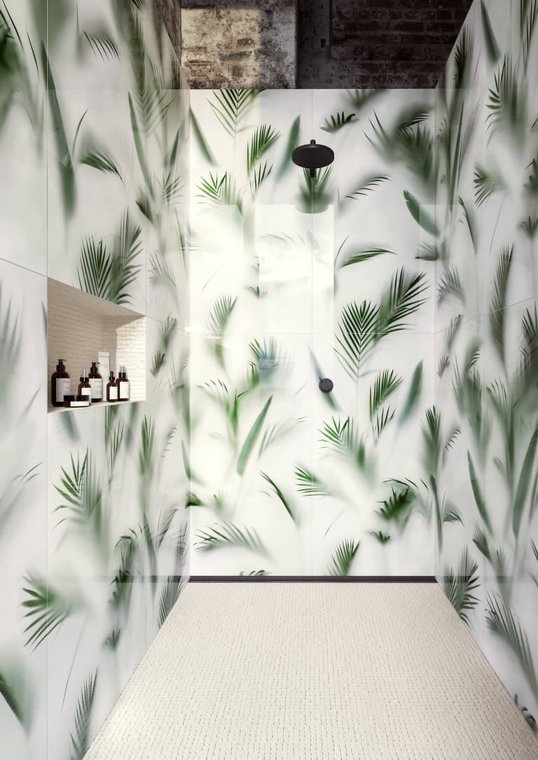 douche urban jungle carrelage trompe oeil feuille palmier
