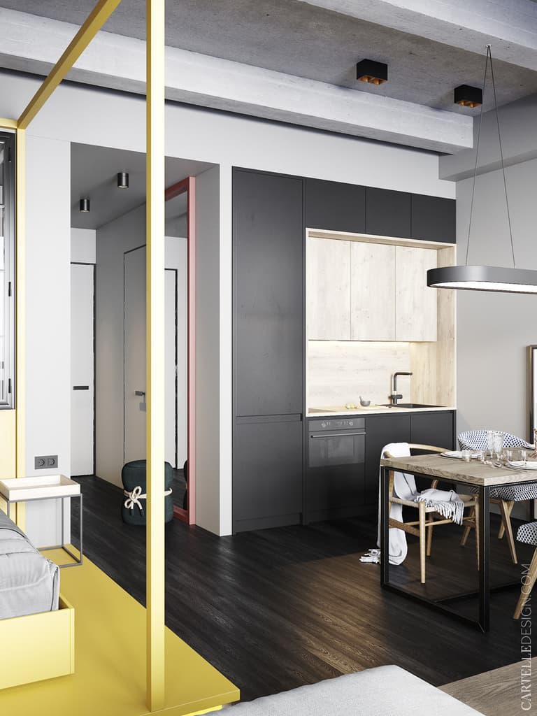 studio étudiant cuisine noire mat bois - blog déco - clem around the corner