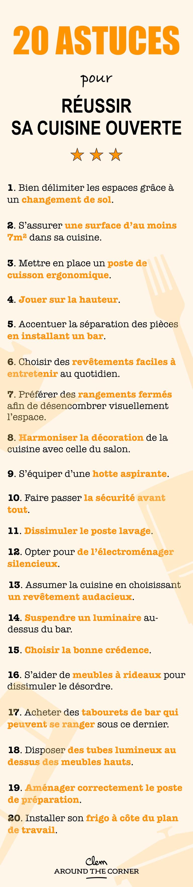 cuisine ouverte sur salon infographie récap 20 astuces - blog déco - clem around the corner