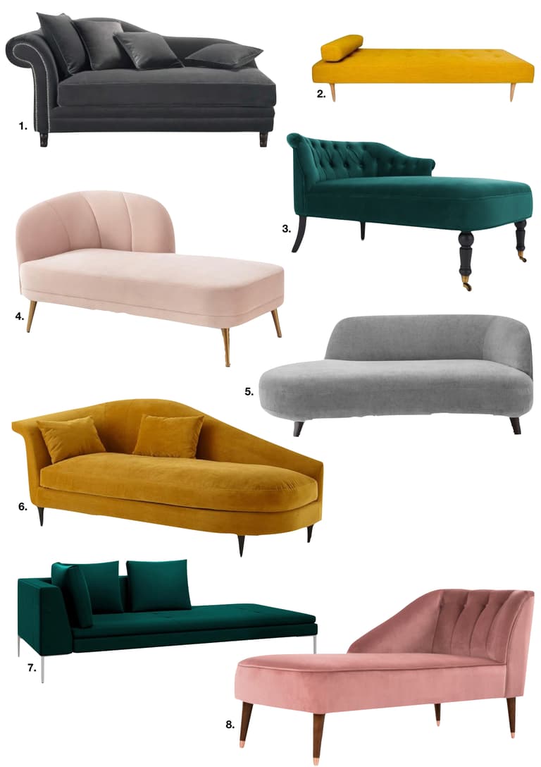 méridienne velours jaune rose vert gris vintage - blog déco - clem around the corner