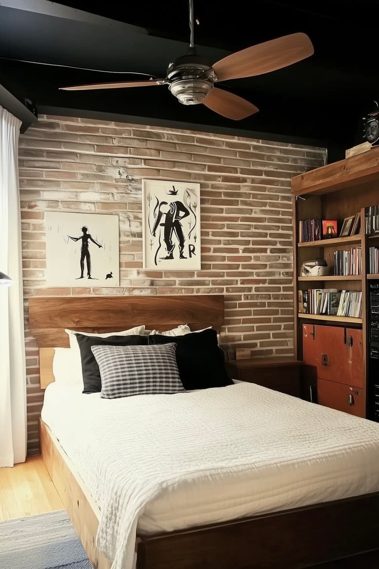 chambre ado garçon style loft mur briques