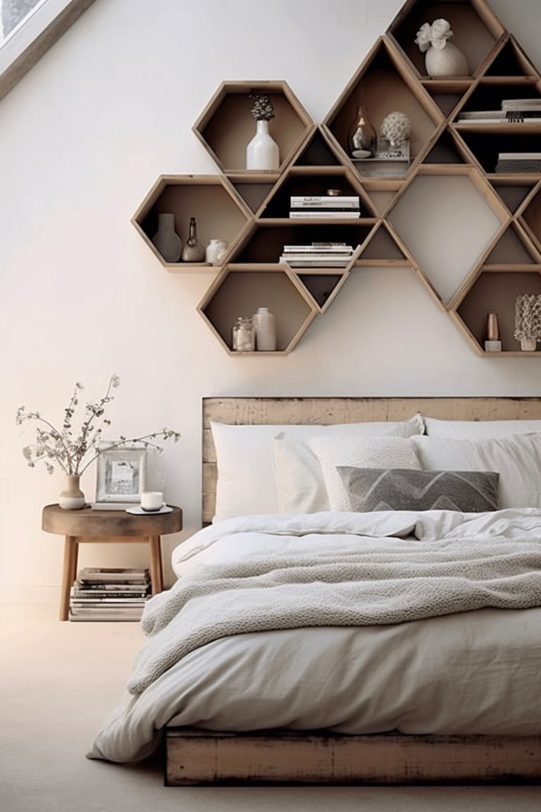 étagère hexagonale design murale en bois brut massif