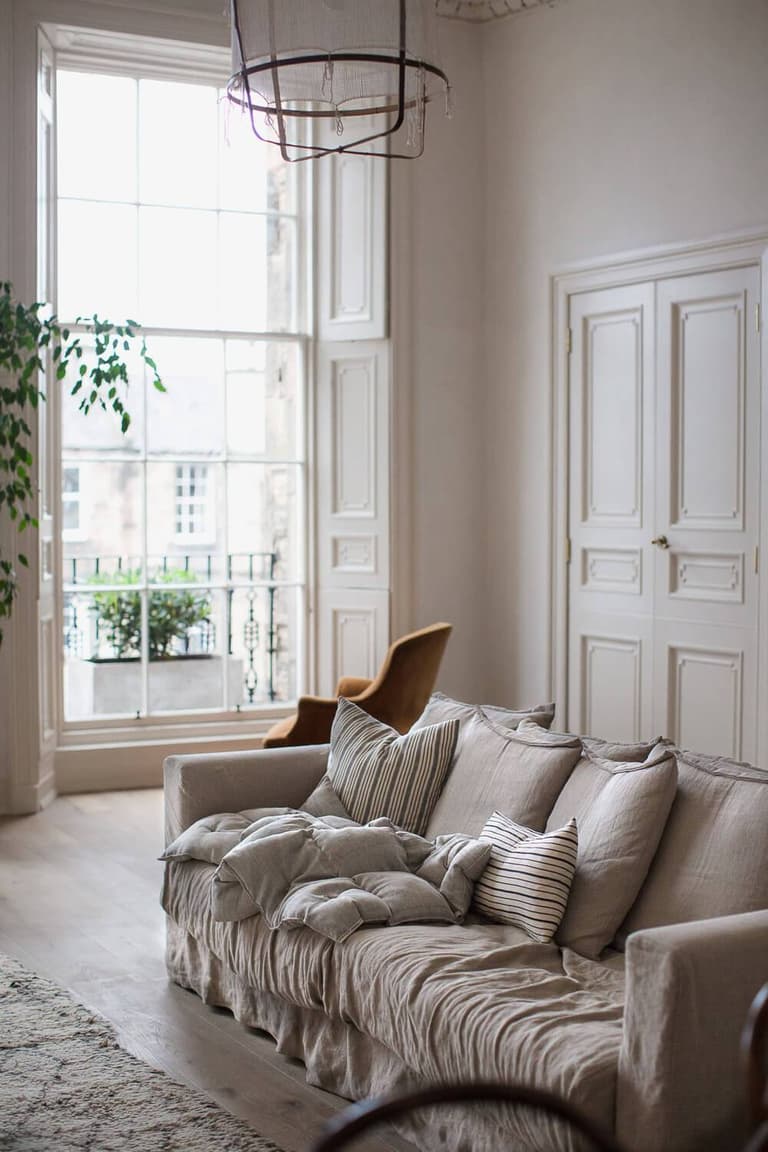 Slow life salon blanc cassé canapé coussin appart parisien clemaroundthecorner
