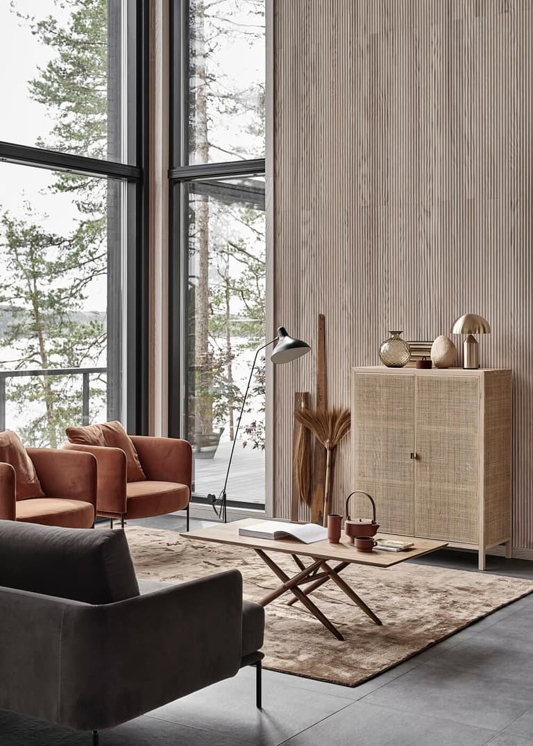 salon tons neutre tapis velours marron déco scandicraft - blog déco