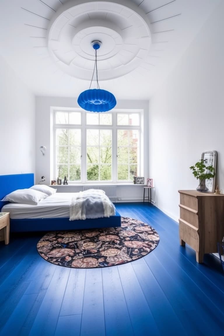 peindre parquet chambre bleu klein blanc