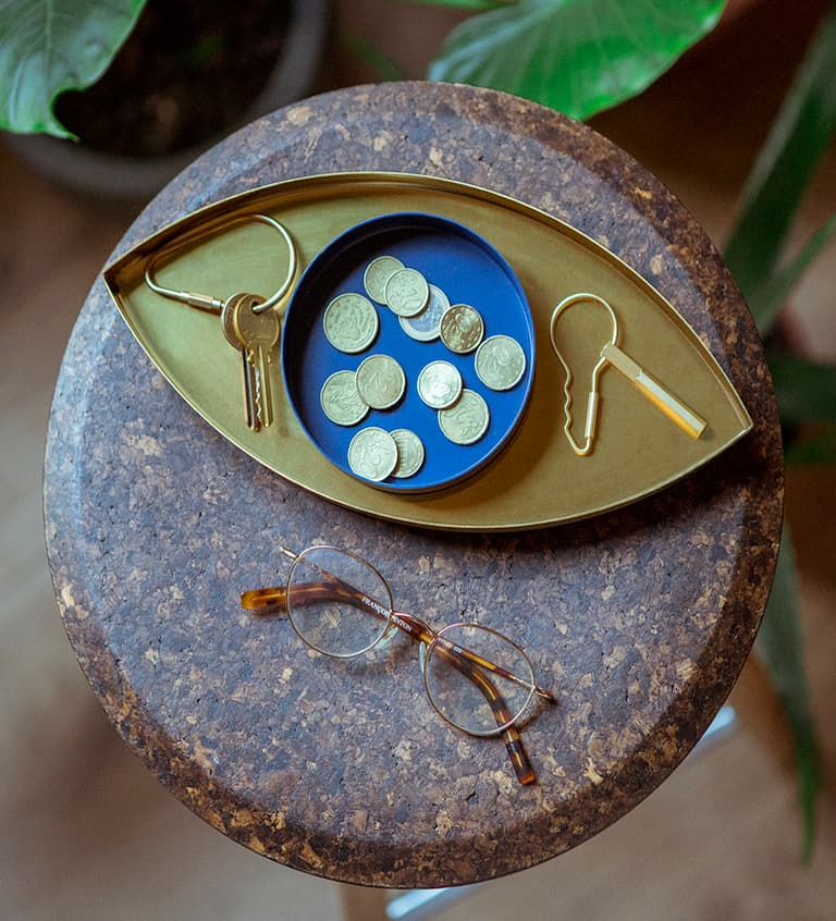 déco oeil support vide poche bleu doré tabouret effet pierre marron salon nature