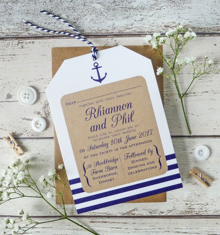faire part marron carton blanc bleu style marin table bois déco clemaroundthecorner