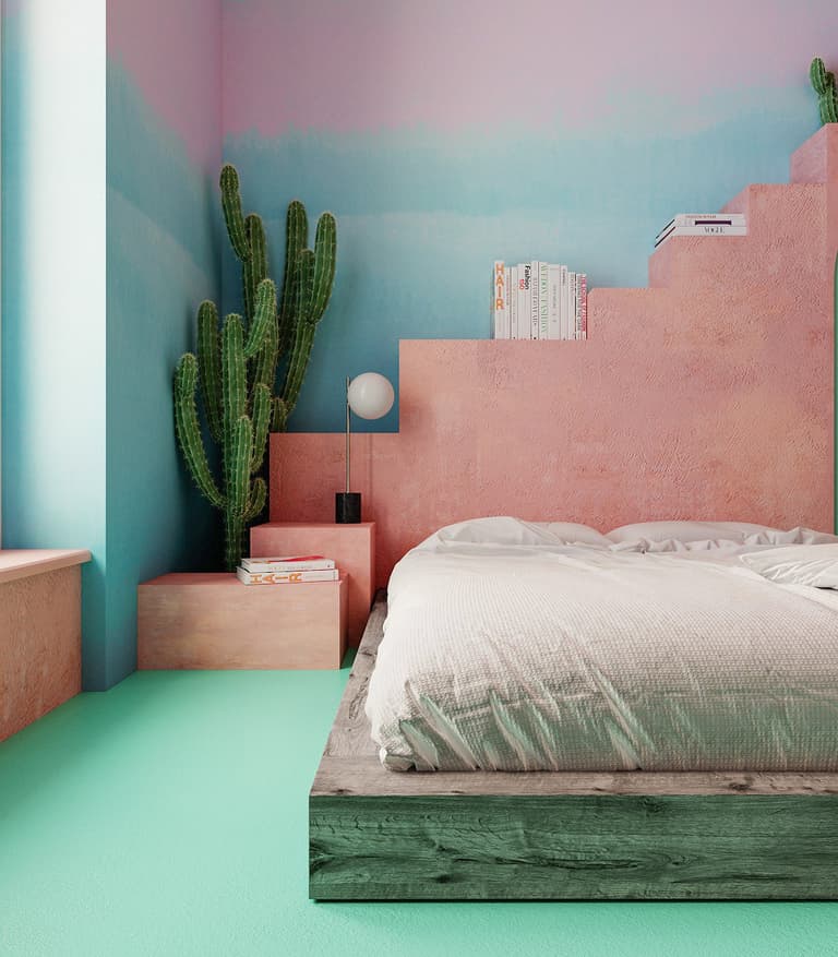 chambre original estivale style mexique californie cactus rose blush bleu vert turquoise