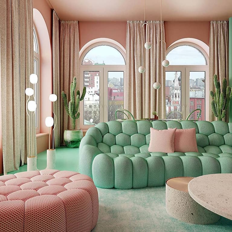 déco verte et rose salon design art graphique canapé confortable pouf mint couleur flashy - blog déco - clem around the corner