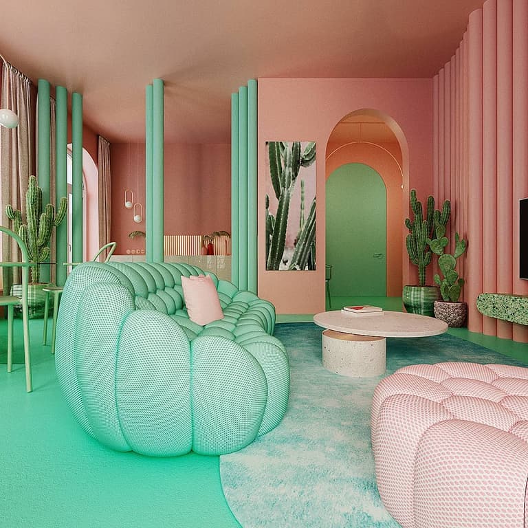 déco verte et rose originale ameublement salon design inspiration mexique