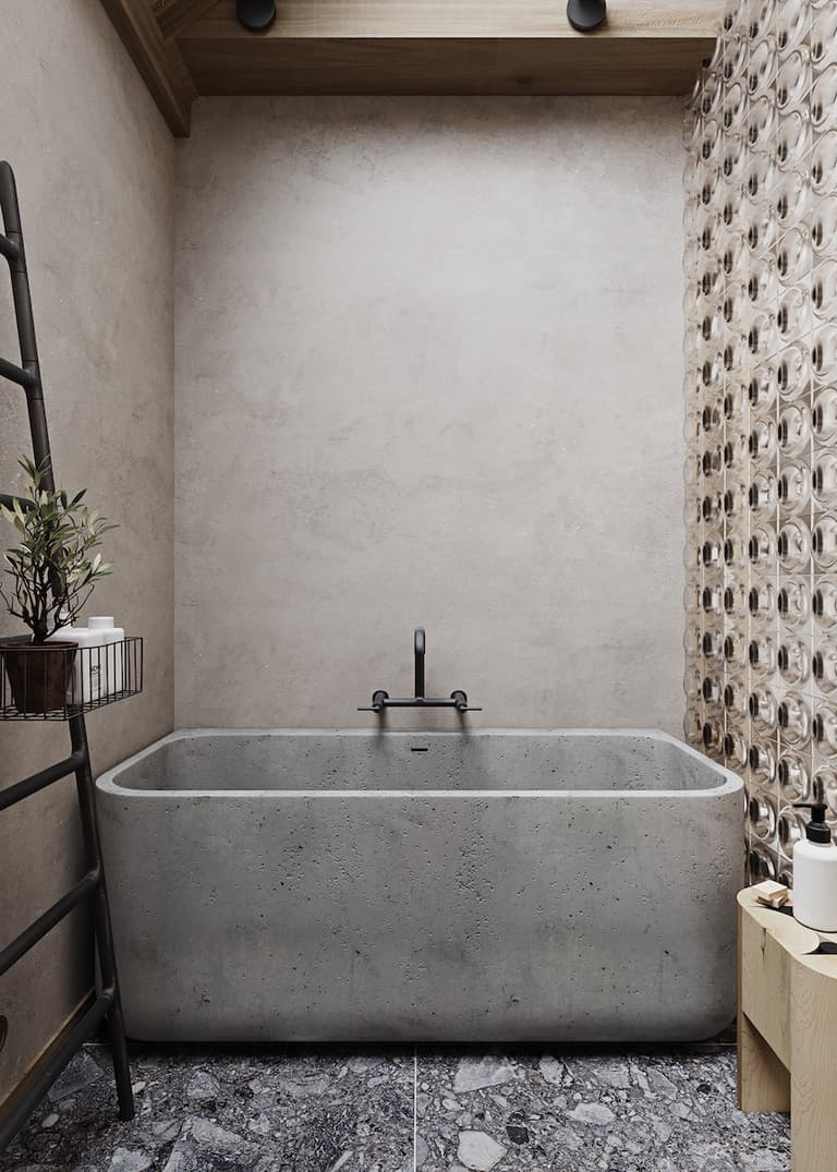 visite déco maison zen salle de bain béton baignoire - blog déco - clemaroundthecorner