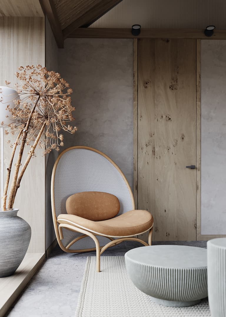 visite déco maison zen du silence pierre bois fauteuil fleurs séchées déco décoration intérieure