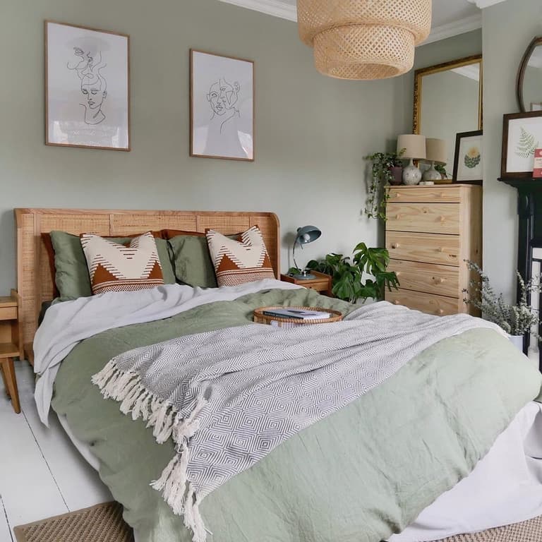 chambre vert de gris pastel suspension rotin bambou lit tête dessin visage cadre affiche