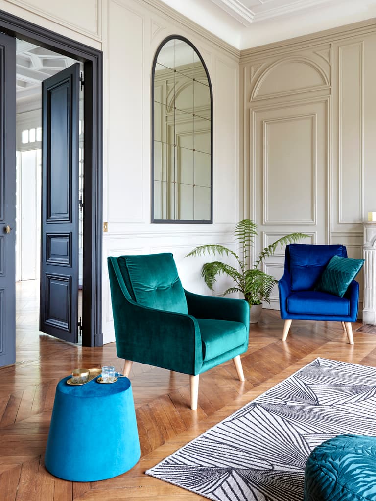 fauteuil pouf vert émeraude bleu canard nouvelle collection but appartement paris