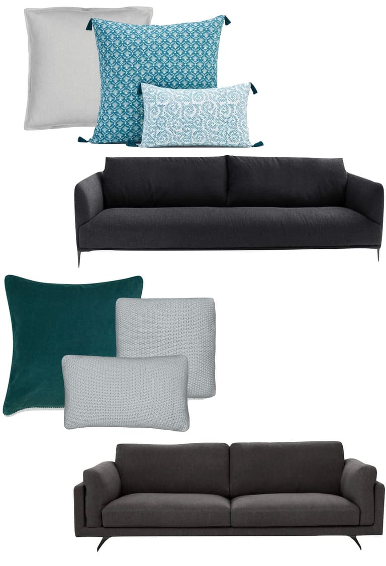 comment choisir ses coussins d'intérieur canapé gris assortiment bleu vert canard