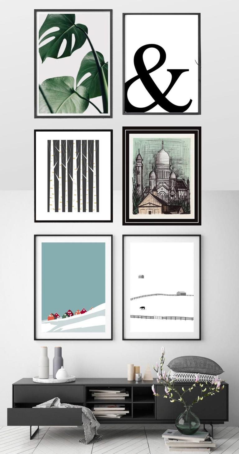 mur de cadres arty etsy tendance lithographie bernard buffet salon gris noir blanc