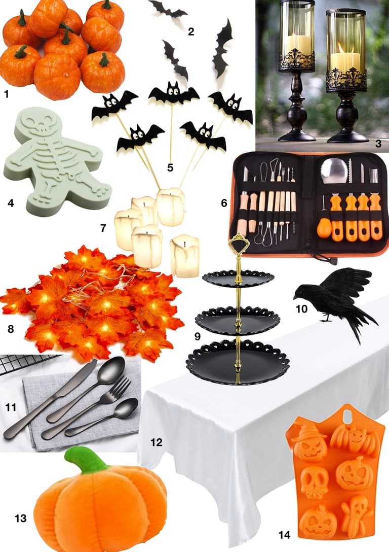 planche d'accessoires noir et orange utilisée pour composer la table d'Halloween