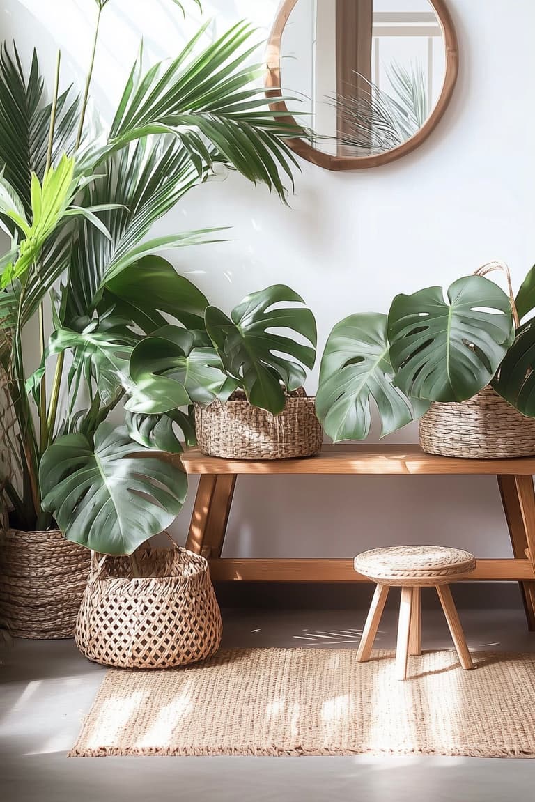 petite entrée urban jungle plein de plantes monstera palmier décoration