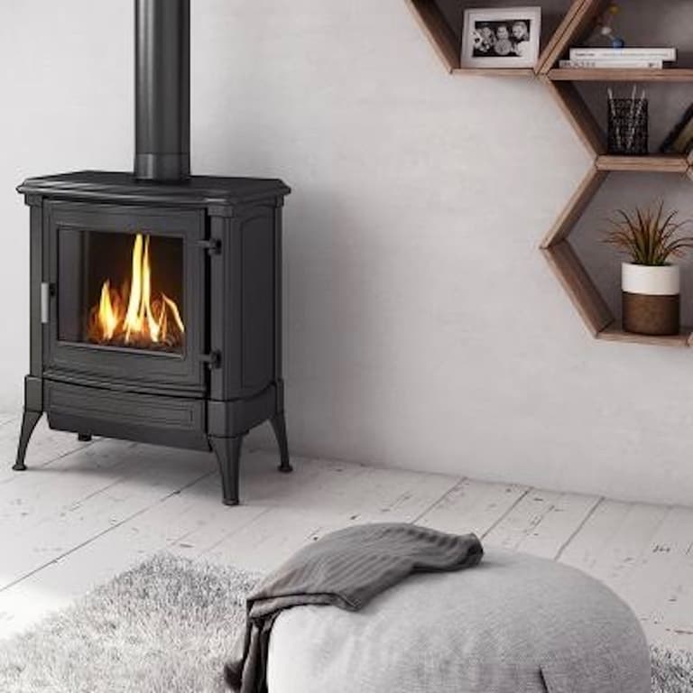 coin cocooning poêle à gaz pouf gris meuble hexagone - clematc